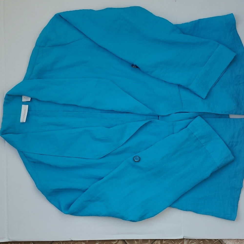 Chico's Turquoise Open Front Peplum style Linen Jacket Open front Size 12
